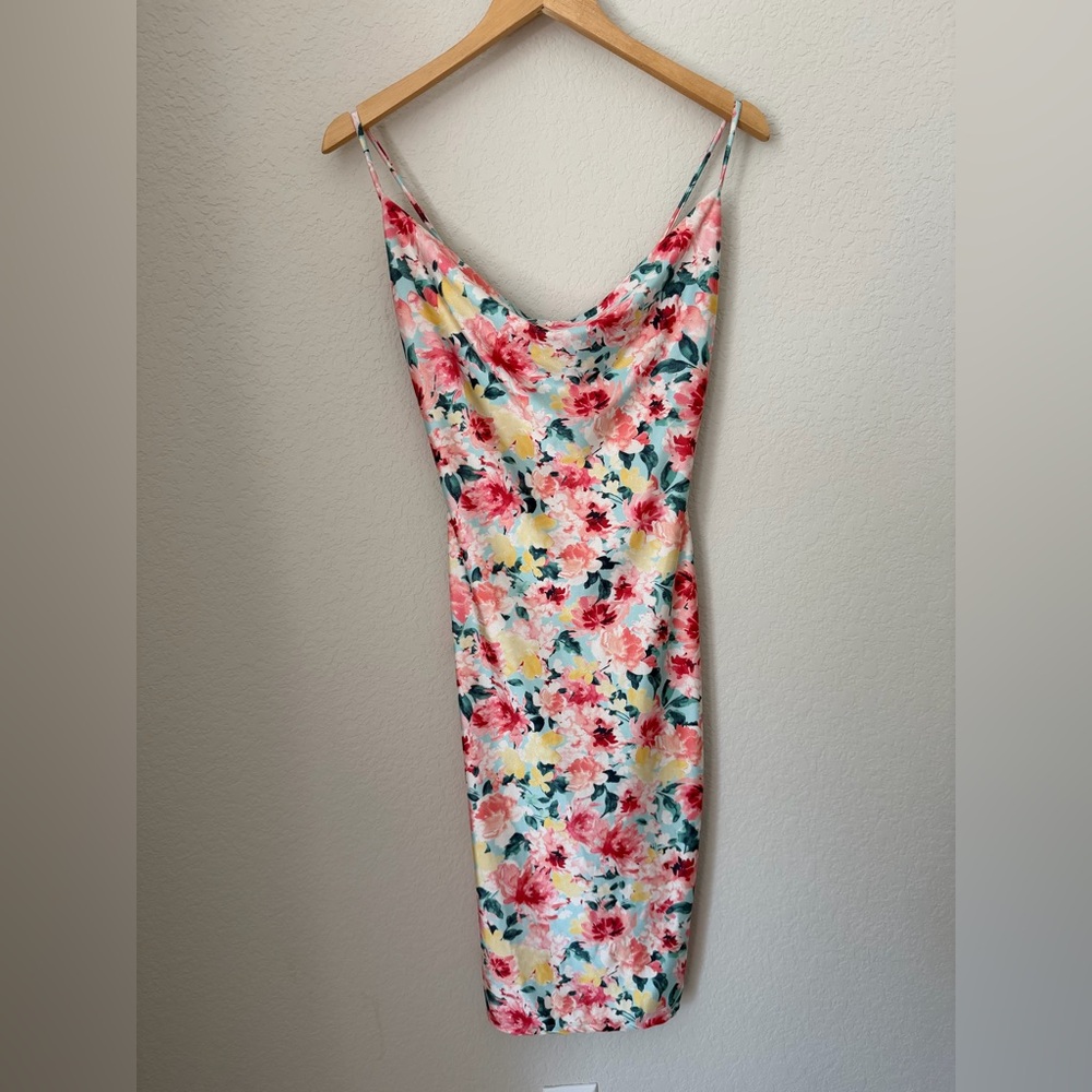 Iris Floral Cowl Neck Bodycon Mini Dress Size Small Pastel Pink Blue - Picture 2 of 10